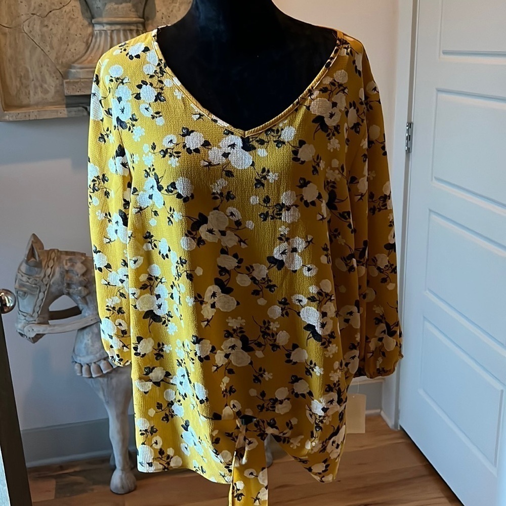Moa Moa Women yellow black print top‎ blouse 1X